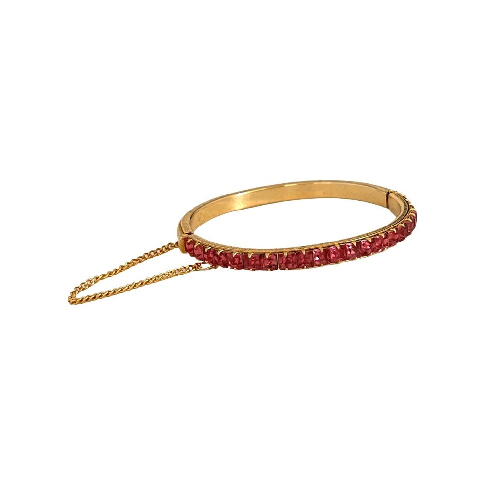 Vintage 1960s Hinged Clamper Bracelet Pink Crystal Rhinestone Gold Tone - 15B